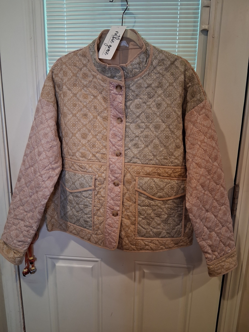 sku92  NWT Ruthie Davis Two-Tone Quilted Puff Jacket in Pink and Taupe